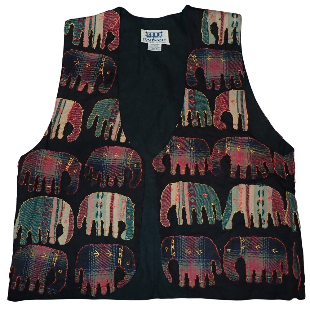 Vintage Soho Compagnie Elephant Vest‎ Women M Appliqued Patchwork Retro Boho